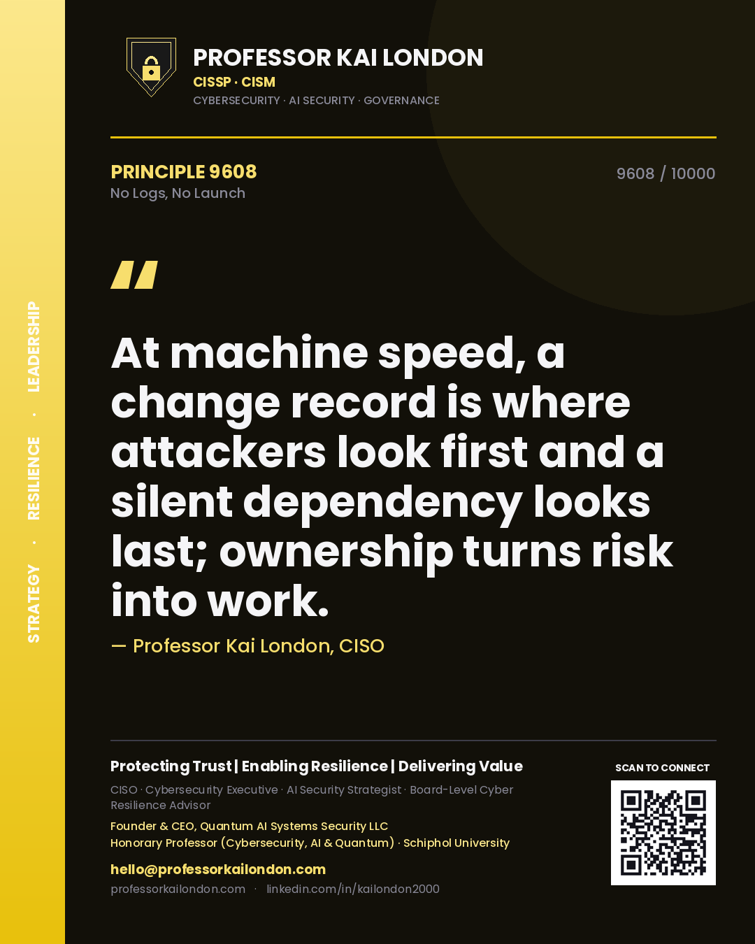 Quote card by Professor Kai London reading 'At machine speed, a change record is where attackers look first and a silent dependency looks last; ownership turns risk into work.'. From the book No Logs, No Launch.