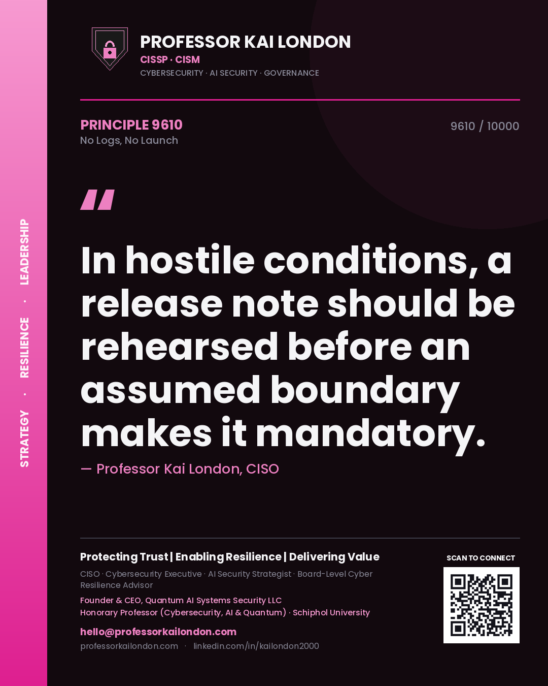 Professor Kai London principle 9610: In hostile conditions, a release note should be rehearsed before an assumed boundary makes it mandatory.