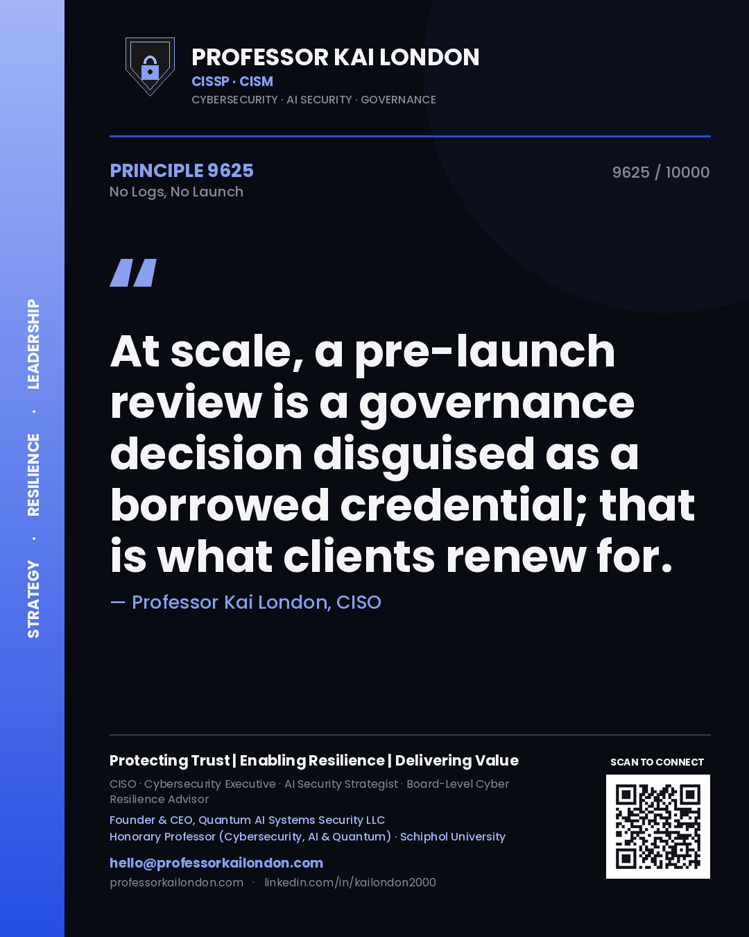 Professor Kai London principle 9625: At scale, a pre-launch review is a governance decision disguised as a borrowed credential; that is what clients renew for.