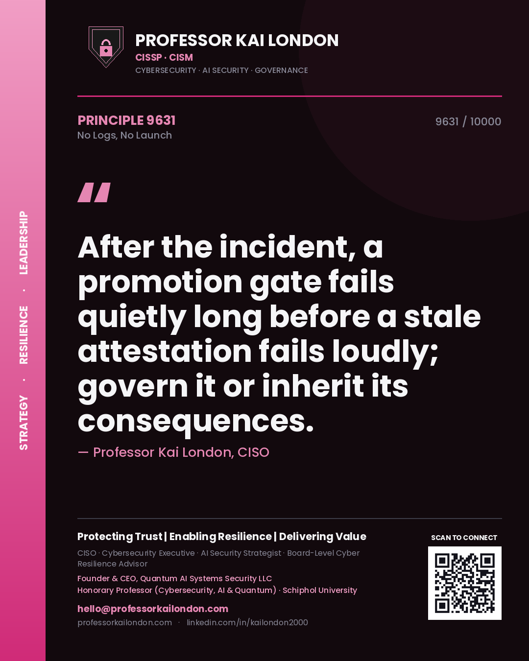 Quote card by Professor Kai London reading 'After the incident, a promotion gate fails quietly long before a stale attestation fails loudly; govern it or inherit its consequences.'. From the book No Logs, No Launch.