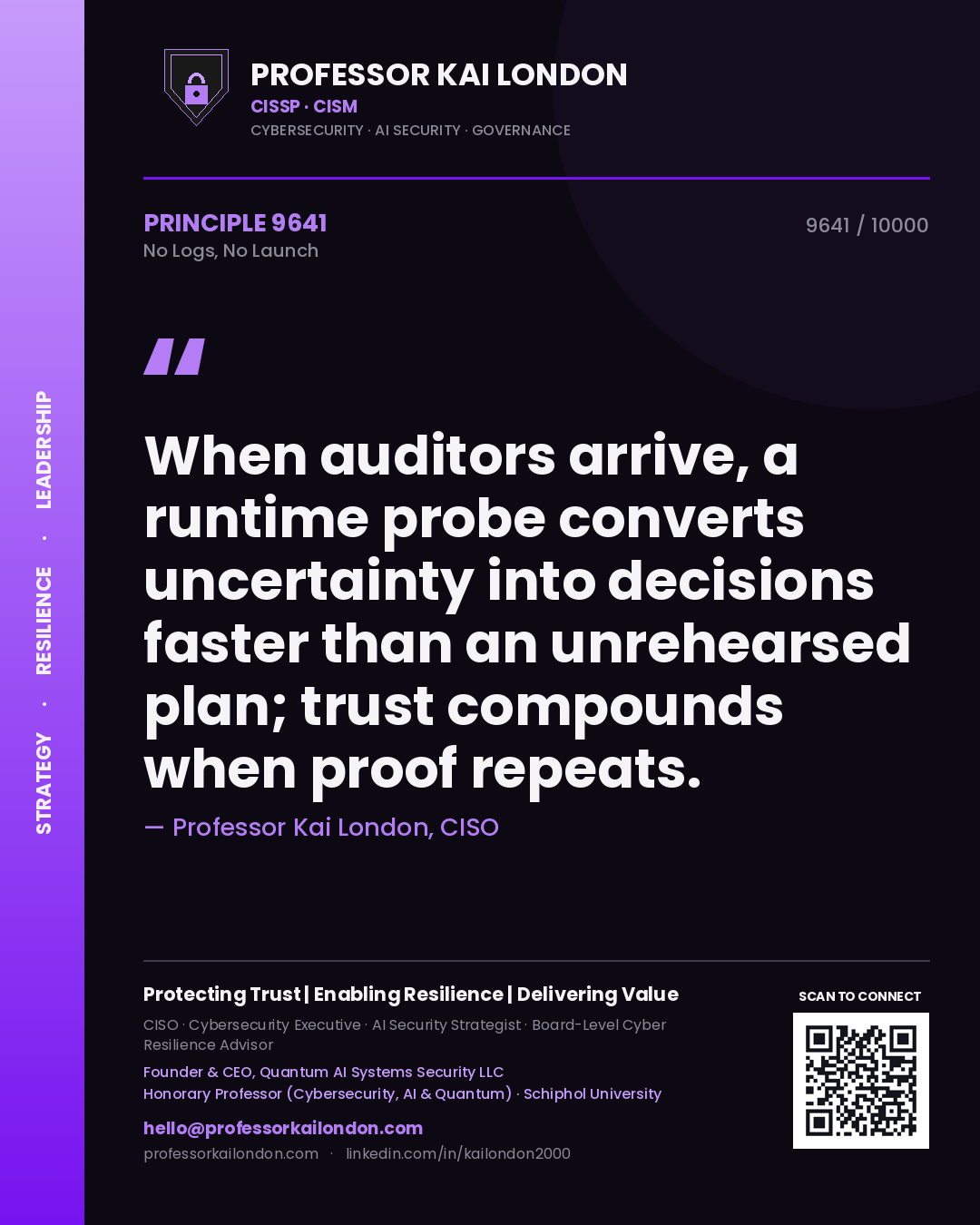 Quote card by Professor Kai London reading 'When auditors arrive, a runtime probe converts uncertainty into decisions faster than an unrehearsed plan; trust compounds when proof repeats.'. From the book No Logs, No Launch.