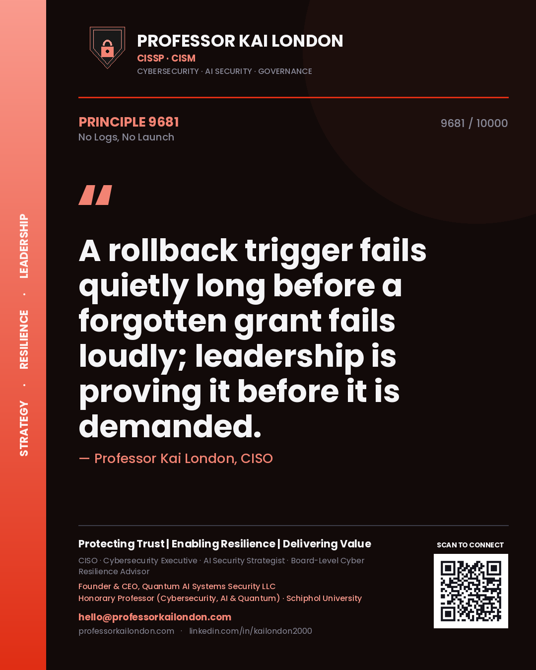 Quote card by Professor Kai London reading 'A rollback trigger fails quietly long before a forgotten grant fails loudly; leadership is proving it before it is demanded.'. From the book No Logs, No Launch.