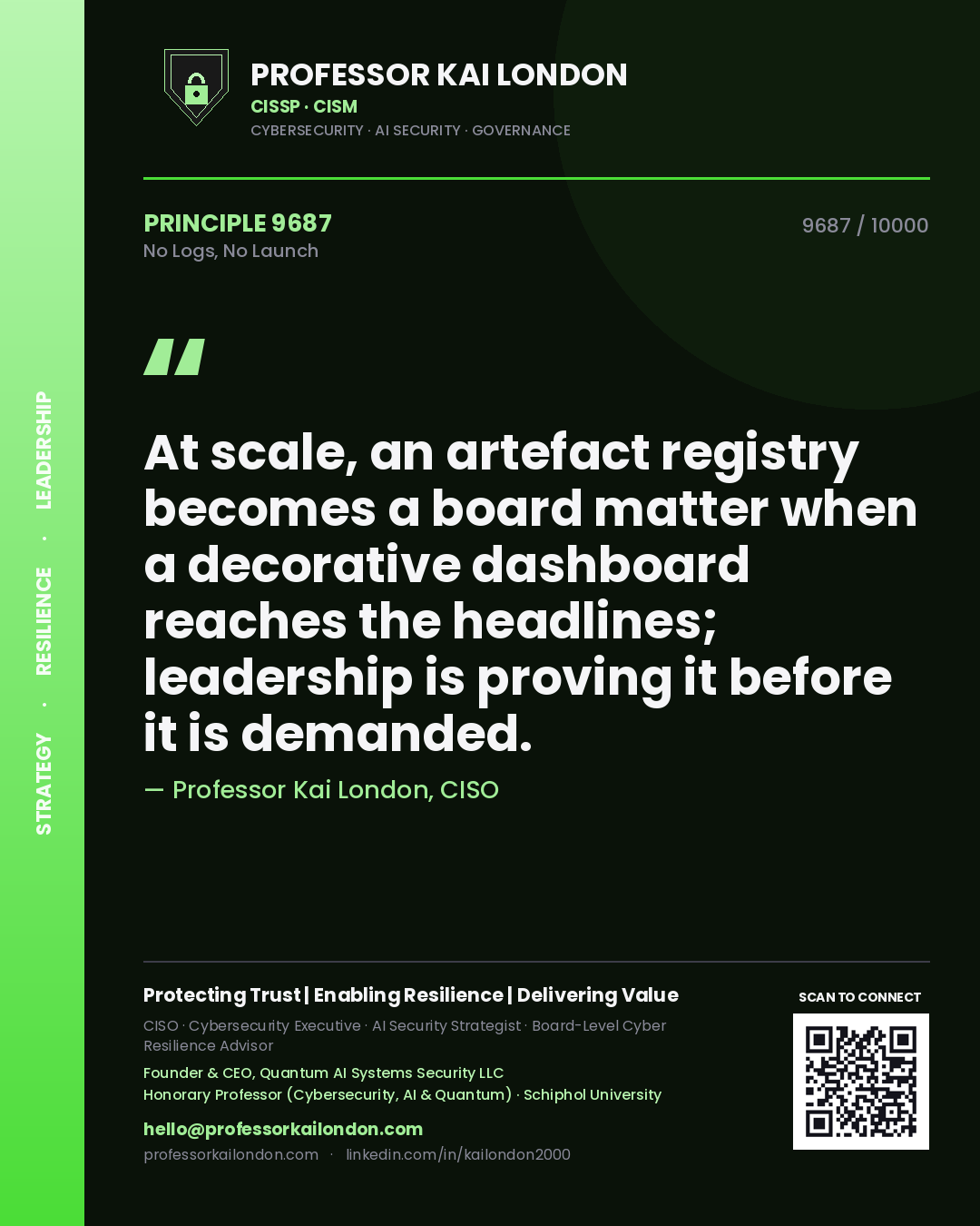 Quote card by Professor Kai London reading 'At scale, an artefact registry becomes a board matter when a decorative dashboard reaches the headlines; leadership is proving it before it is demanded.'. From the book No Logs, No Launch.
