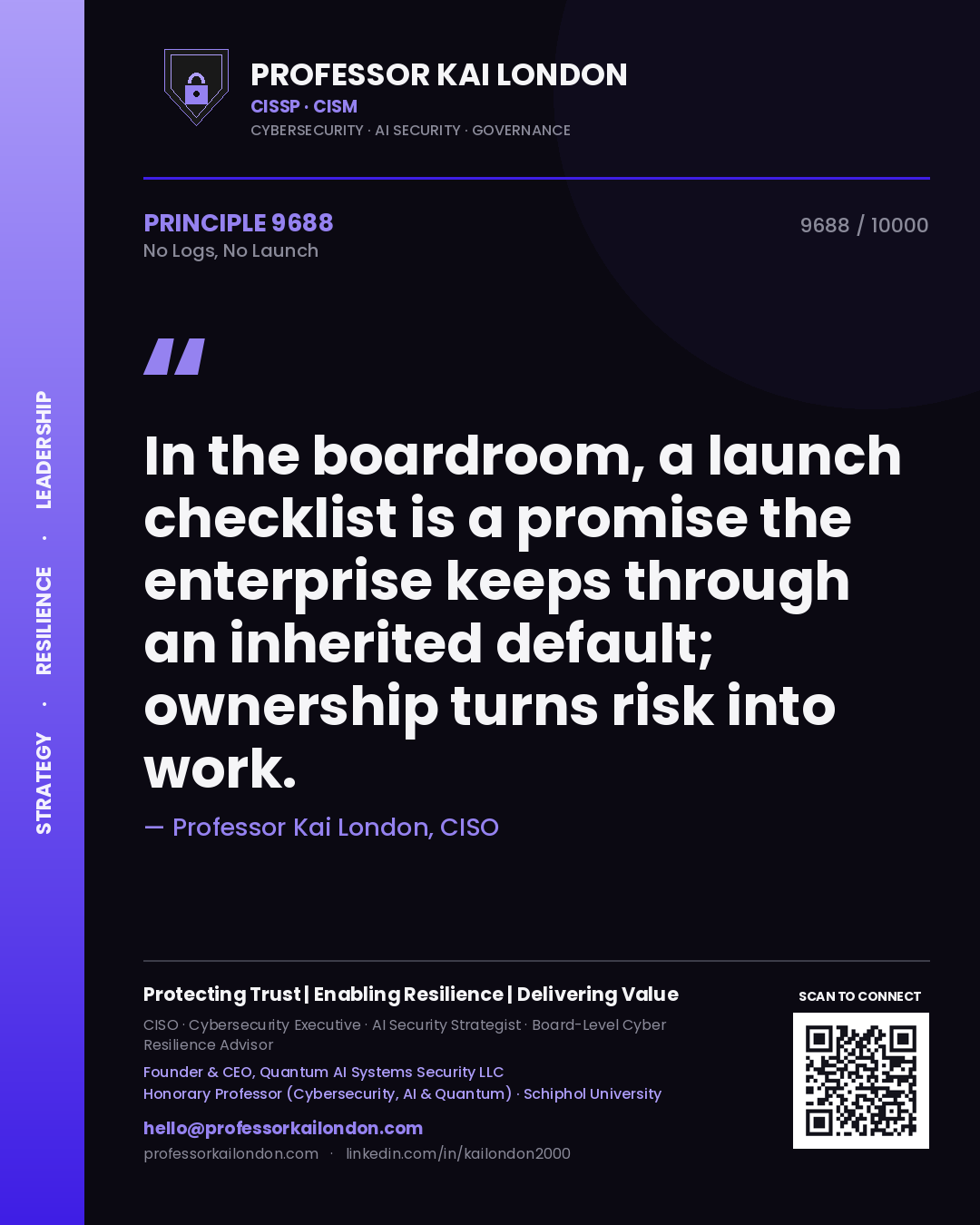 Professor Kai London principle 9688: In the boardroom, a launch checklist is a promise the enterprise keeps through an inherited default; ownership turns risk into work.