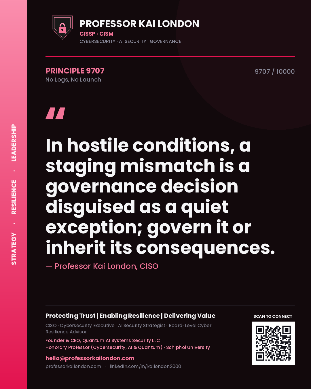 Professor Kai London principle 9707: In hostile conditions, a staging mismatch is a governance decision disguised as a quiet exception; govern it or inherit its consequences.