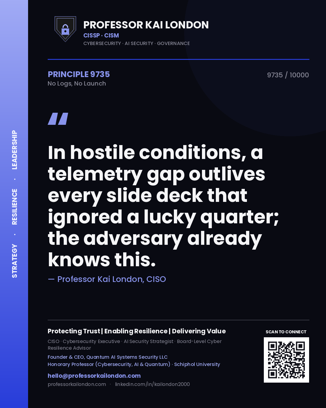 Professor Kai London principle 9735: In hostile conditions, a telemetry gap outlives every slide deck that ignored a lucky quarter; the adversary already knows this.