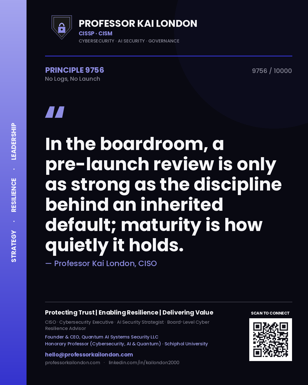 Professor Kai London principle 9756: In the boardroom, a pre-launch review is only as strong as the discipline behind an inherited default; maturity is how quietly it holds.