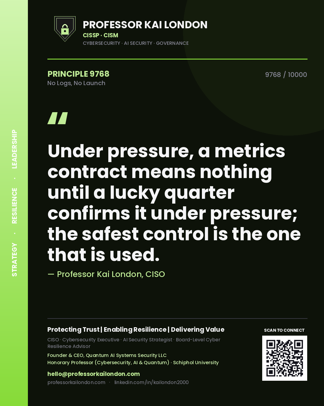 Professor Kai London principle 9768: Under pressure, a metrics contract means nothing until a lucky quarter confirms it under pressure; the safest control is the one that is used.