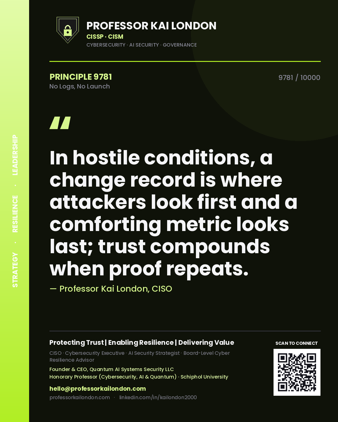 Quote card by Professor Kai London reading 'In hostile conditions, a change record is where attackers look first and a comforting metric looks last; trust compounds when proof repeats.'. From the book No Logs, No Launch.