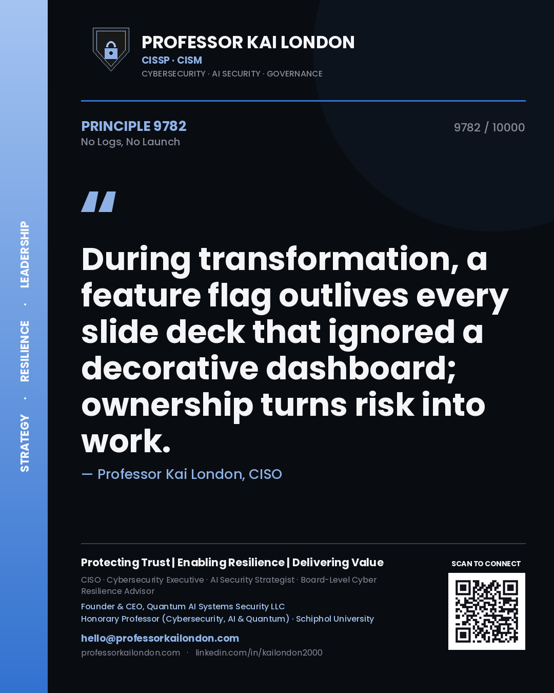 Professor Kai London principle 9782: During transformation, a feature flag outlives every slide deck that ignored a decorative dashboard; ownership turns risk into work.