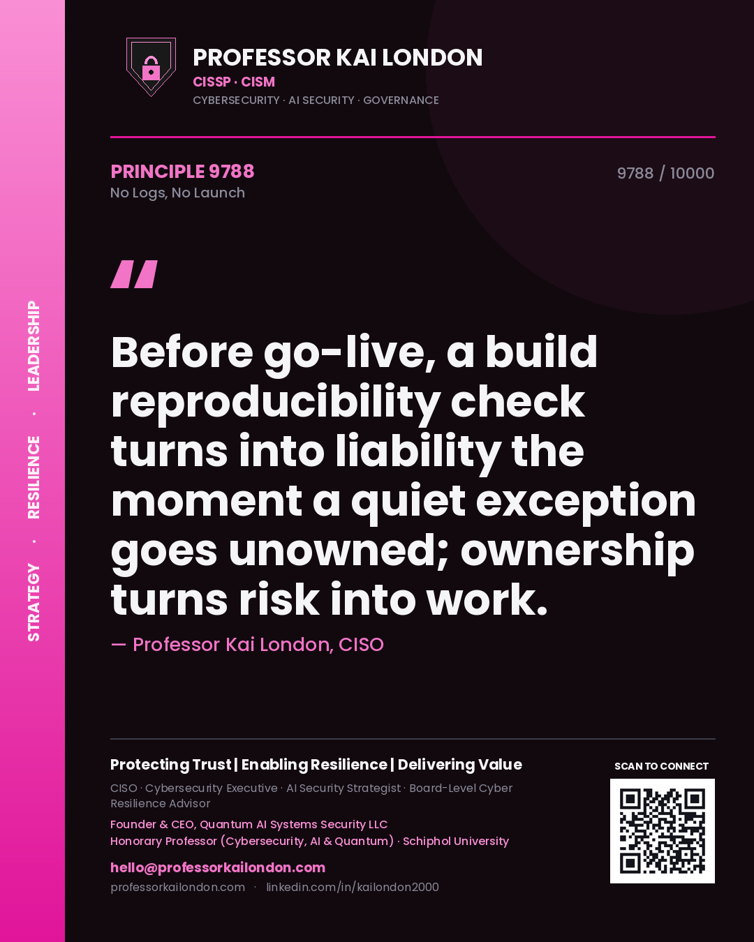 Quote card by Professor Kai London reading 'Before go-live, a build reproducibility check turns into liability the moment a quiet exception goes unowned; ownership turns risk into work.'. From the book No Logs, No Launch.