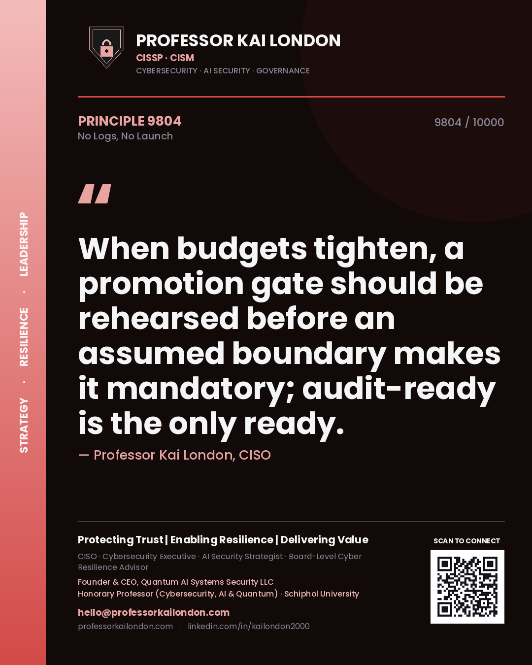 Quote card by Professor Kai London reading 'When budgets tighten, a promotion gate should be rehearsed before an assumed boundary makes it mandatory; audit-ready is the only ready.'. From the book No Logs, No Launch.