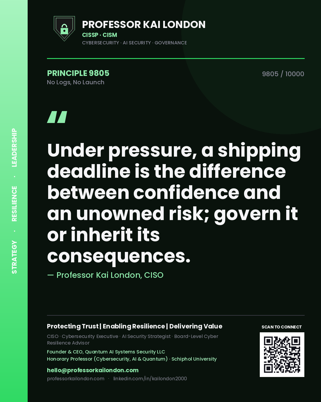 Quote card by Professor Kai London reading 'Under pressure, a shipping deadline is the difference between confidence and an unowned risk; govern it or inherit its consequences.'. From the book No Logs, No Launch.