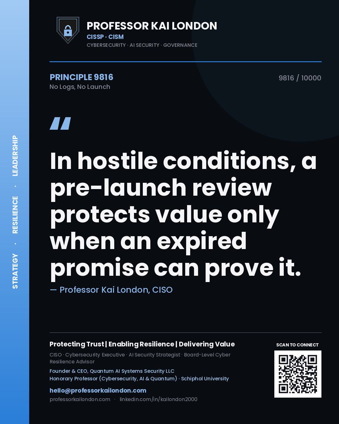 Professor Kai London principle 9816: In hostile conditions, a pre-launch review protects value only when an expired promise can prove it.