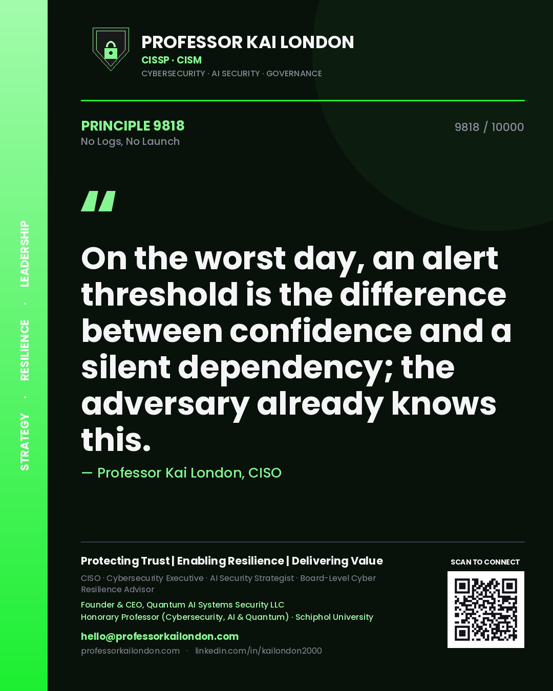 Quote card by Professor Kai London reading 'On the worst day, an alert threshold is the difference between confidence and a silent dependency; the adversary already knows this.'. From the book No Logs, No Launch.