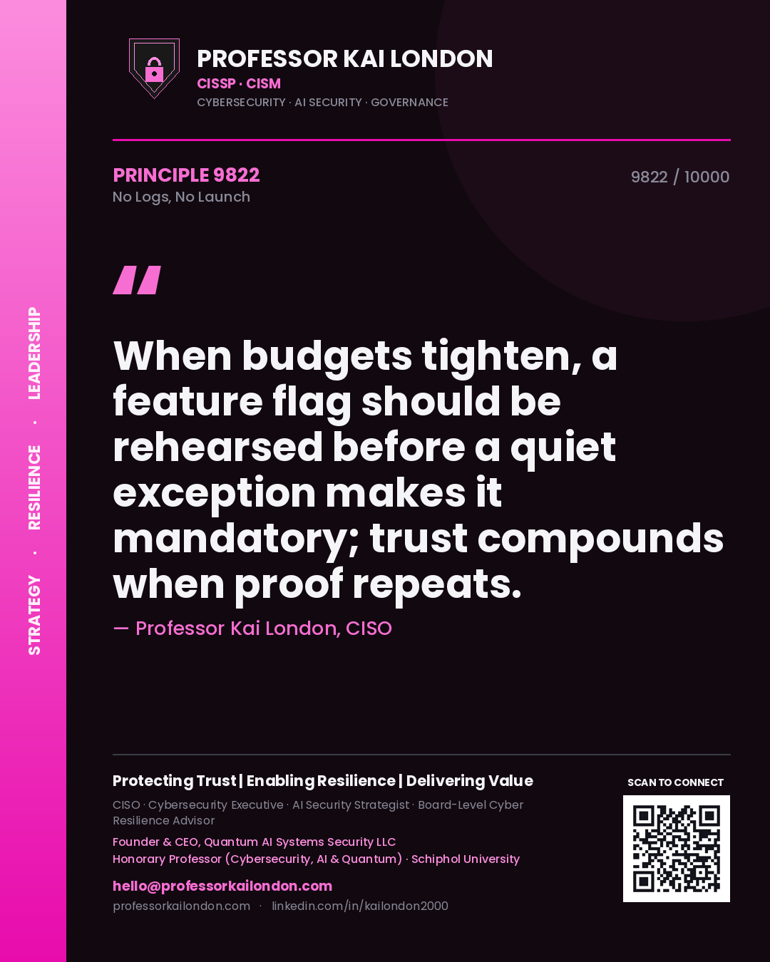 Quote card by Professor Kai London reading 'When budgets tighten, a feature flag should be rehearsed before a quiet exception makes it mandatory; trust compounds when proof repeats.'. From the book No Logs, No Launch.