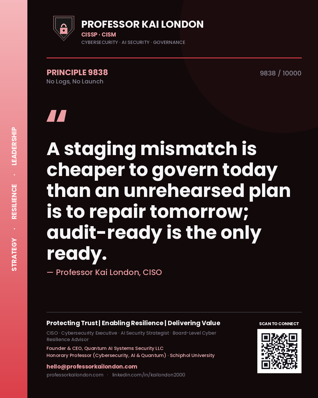 Quote card by Professor Kai London reading 'A staging mismatch is cheaper to govern today than an unrehearsed plan is to repair tomorrow; audit-ready is the only ready.'. From the book No Logs, No Launch.