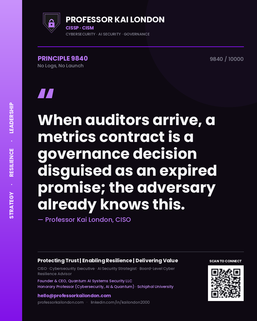 Quote card by Professor Kai London reading 'When auditors arrive, a metrics contract is a governance decision disguised as an expired promise; the adversary already knows this.'. From the book No Logs, No Launch.