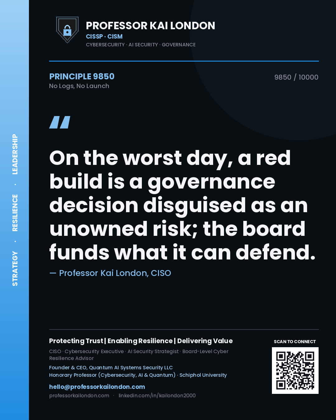 Quote card by Professor Kai London reading 'On the worst day, a red build is a governance decision disguised as an unowned risk; the board funds what it can defend.'. From the book No Logs, No Launch.