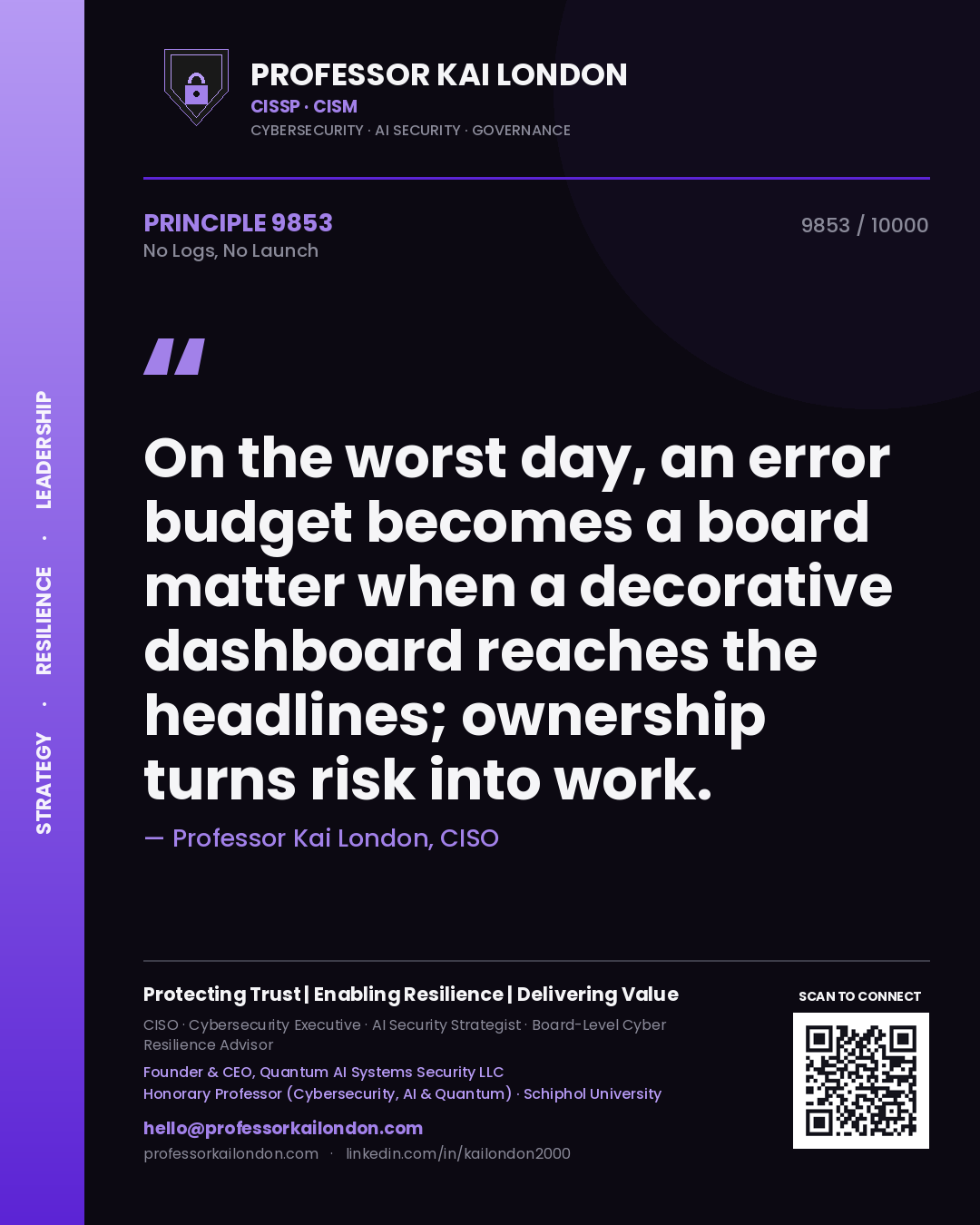 Quote card by Professor Kai London reading 'On the worst day, an error budget becomes a board matter when a decorative dashboard reaches the headlines; ownership turns risk into work.'. From the book No Logs, No Launch.