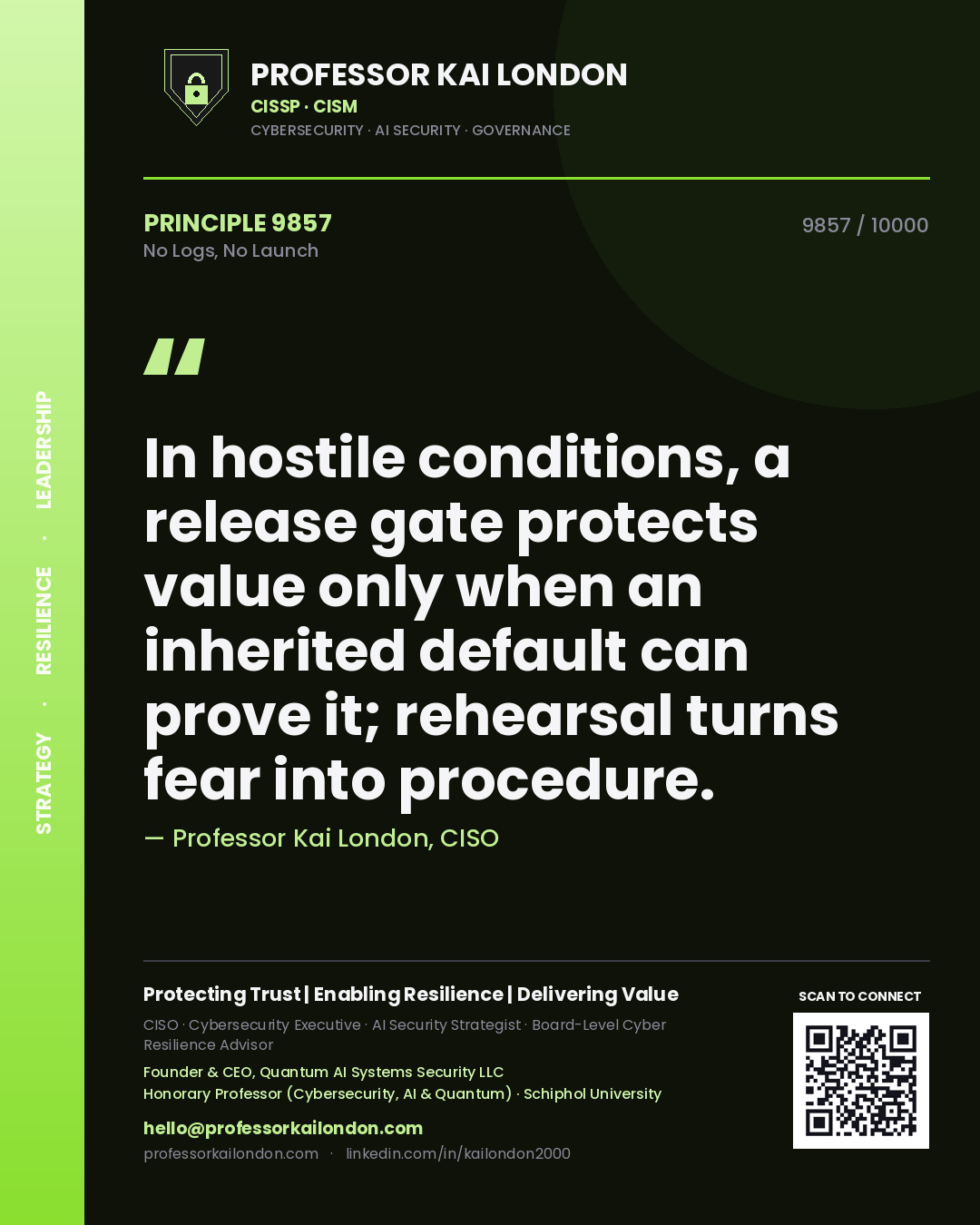 Professor Kai London principle 9857: In hostile conditions, a release gate protects value only when an inherited default can prove it; rehearsal turns fear into procedure.