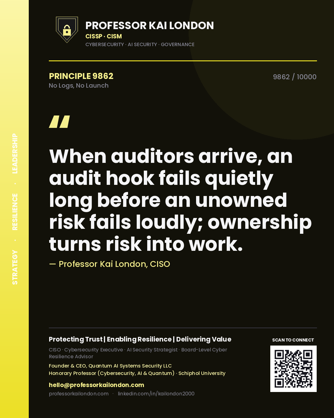Quote card by Professor Kai London reading 'When auditors arrive, an audit hook fails quietly long before an unowned risk fails loudly; ownership turns risk into work.'. From the book No Logs, No Launch.