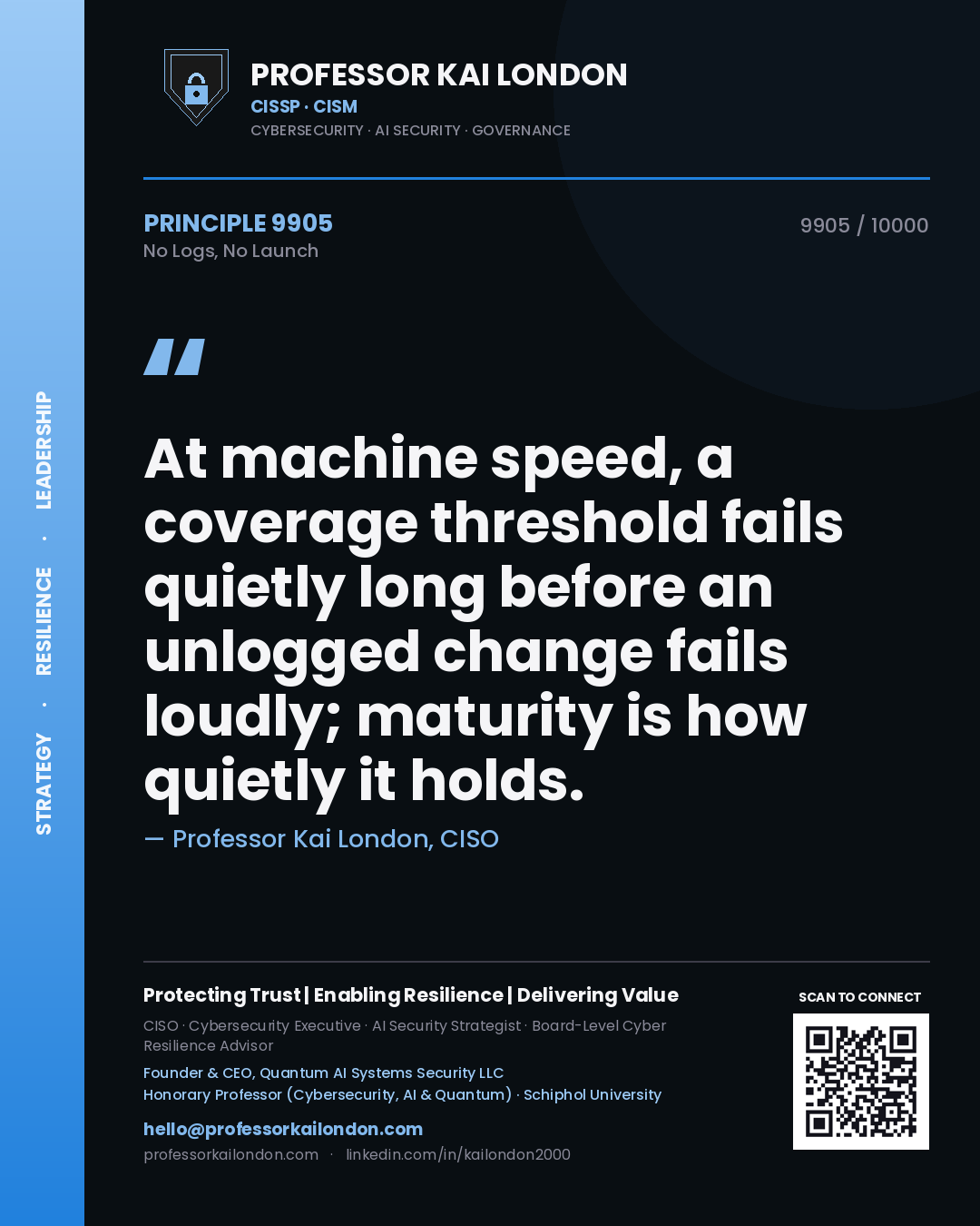 Professor Kai London principle 9905: At machine speed, a coverage threshold fails quietly long before an unlogged change fails loudly; maturity is how quietly it holds.