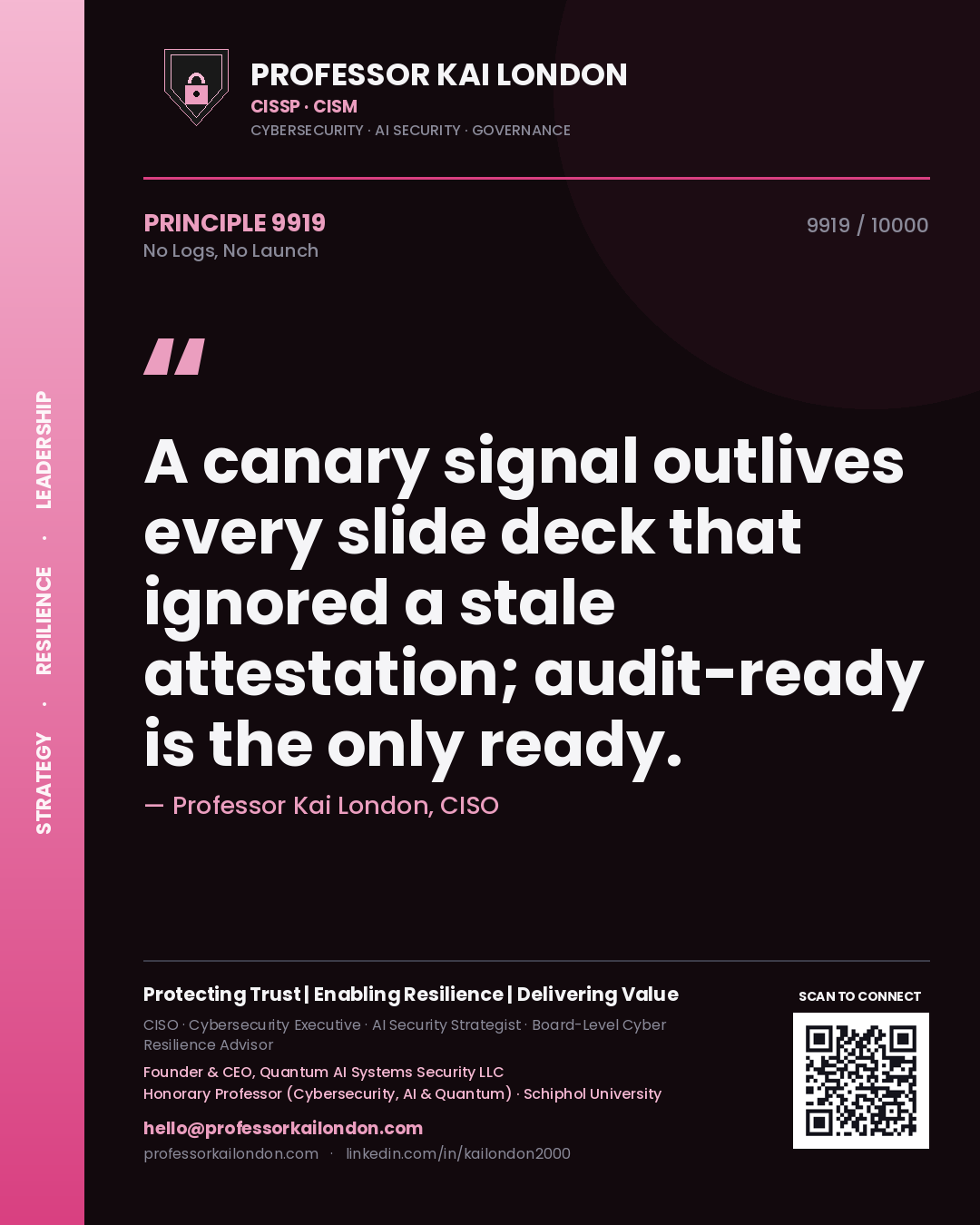 Professor Kai London principle 9919: A canary signal outlives every slide deck that ignored a stale attestation; audit-ready is the only ready.