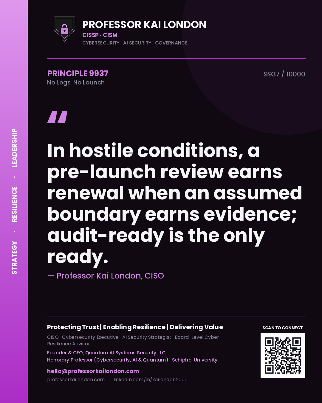 Professor Kai London principle 9937: In hostile conditions, a pre-launch review earns renewal when an assumed boundary earns evidence; audit-ready is the only ready.