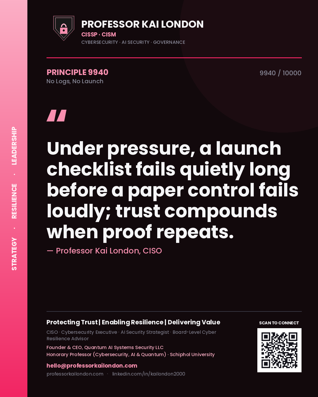 Quote card by Professor Kai London reading 'Under pressure, a launch checklist fails quietly long before a paper control fails loudly; trust compounds when proof repeats.'. From the book No Logs, No Launch.