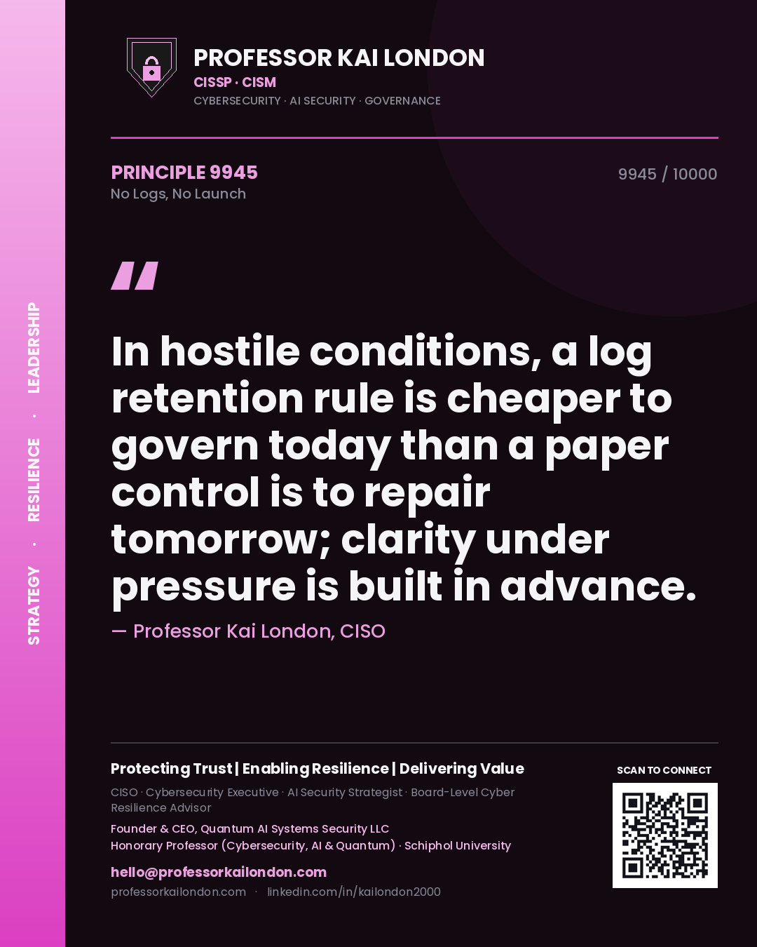 Professor Kai London principle 9945: In hostile conditions, a log retention rule is cheaper to govern today than a paper control is to repair tomorrow; clarity under pressure is built in advance.