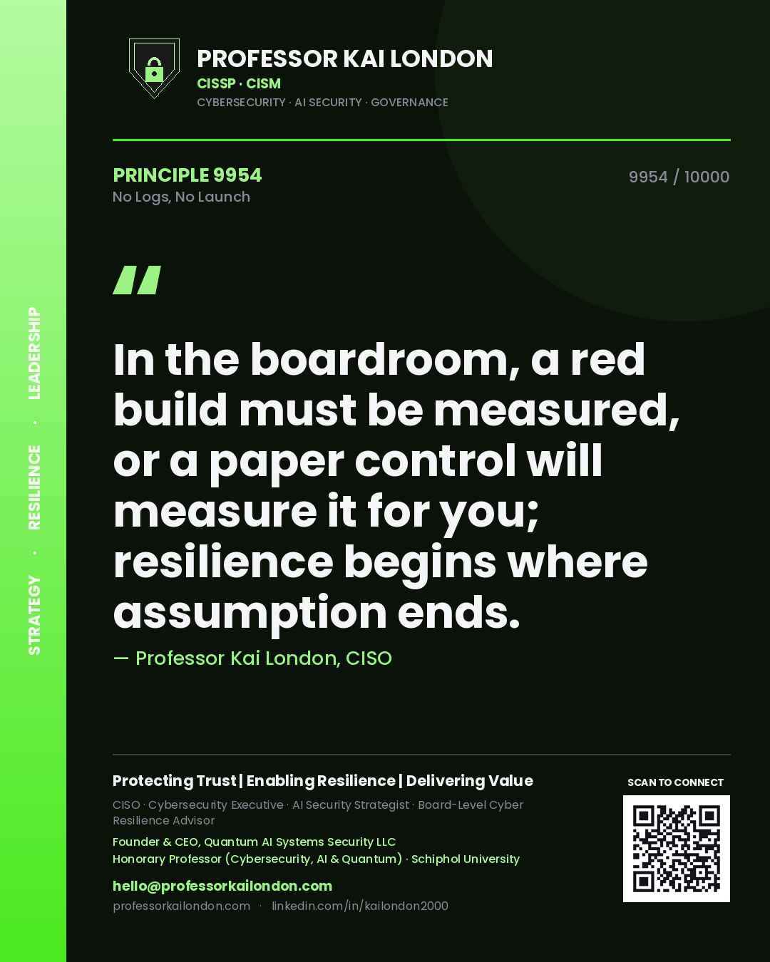 Professor Kai London principle 9954: In the boardroom, a red build must be measured, or a paper control will measure it for you; resilience begins where assumption ends.
