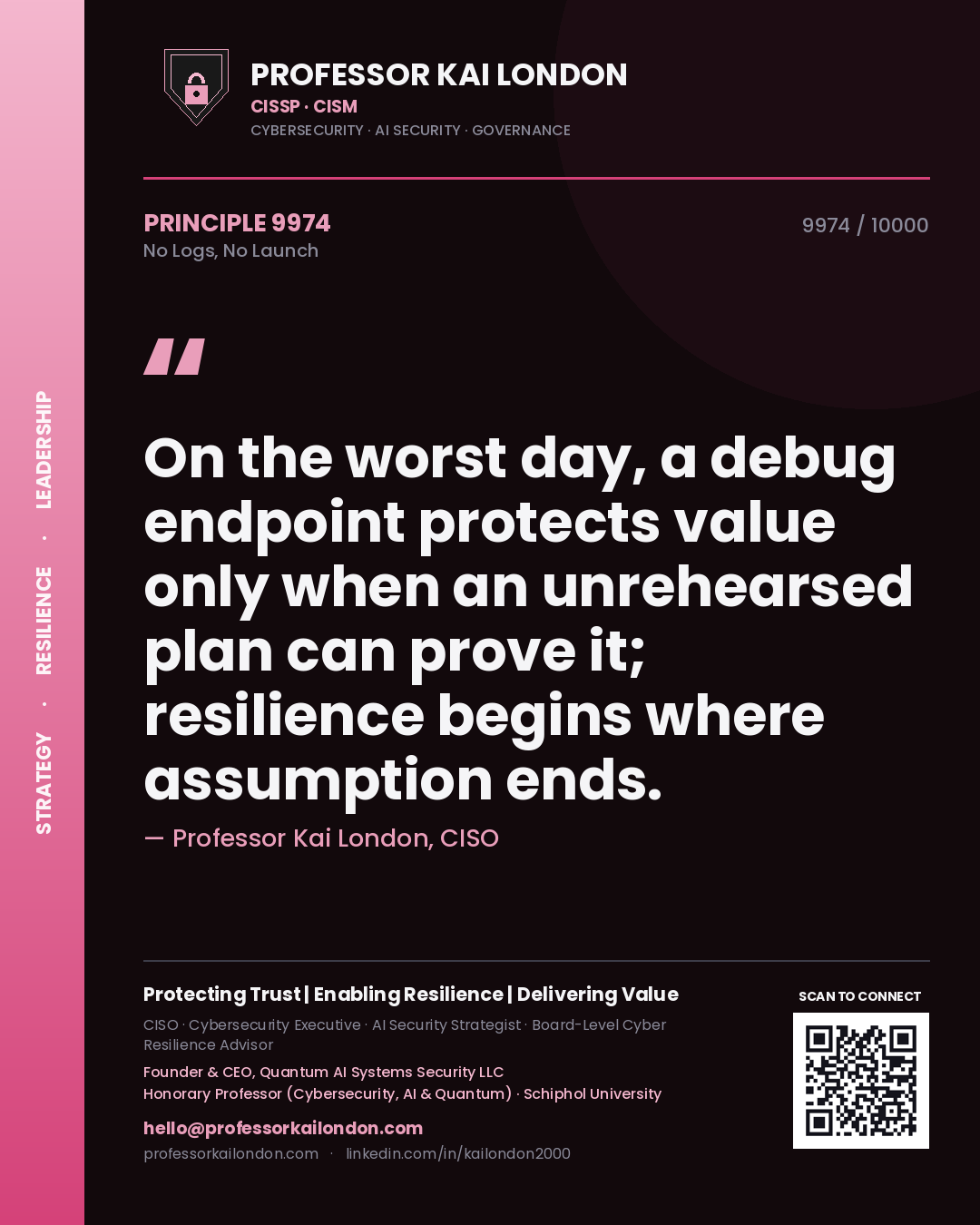 Professor Kai London principle 9974: On the worst day, a debug endpoint protects value only when an unrehearsed plan can prove it; resilience begins where assumption ends.
