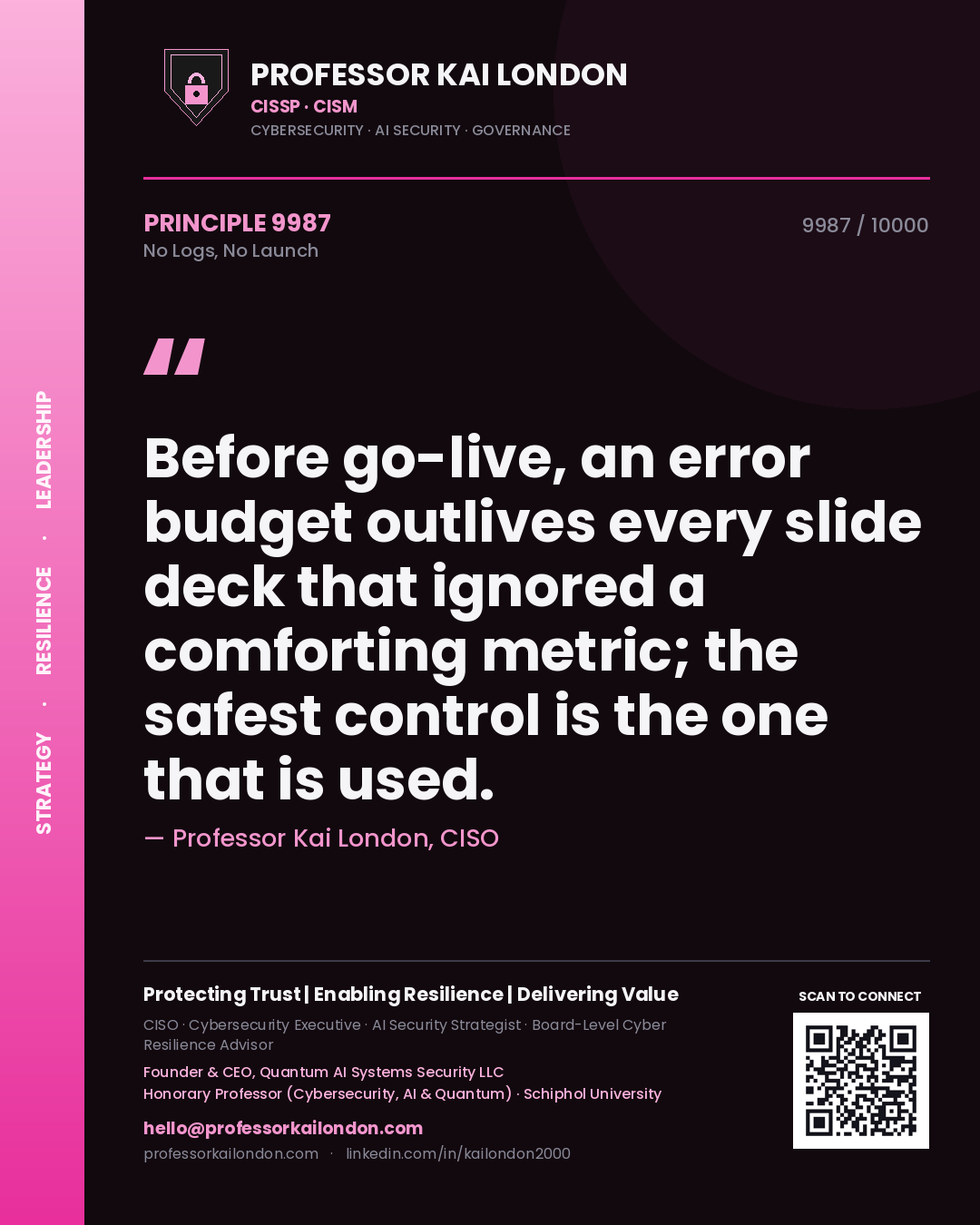 Professor Kai London principle 9987: Before go-live, an error budget outlives every slide deck that ignored a comforting metric; the safest control is the one that is used.