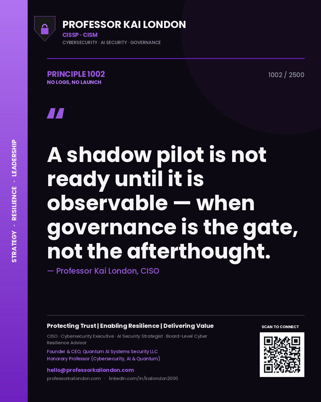 Professor Kai London principle 1002: A shadow pilot is not ready until it is observable — when governance is the gate, not the afterthought.