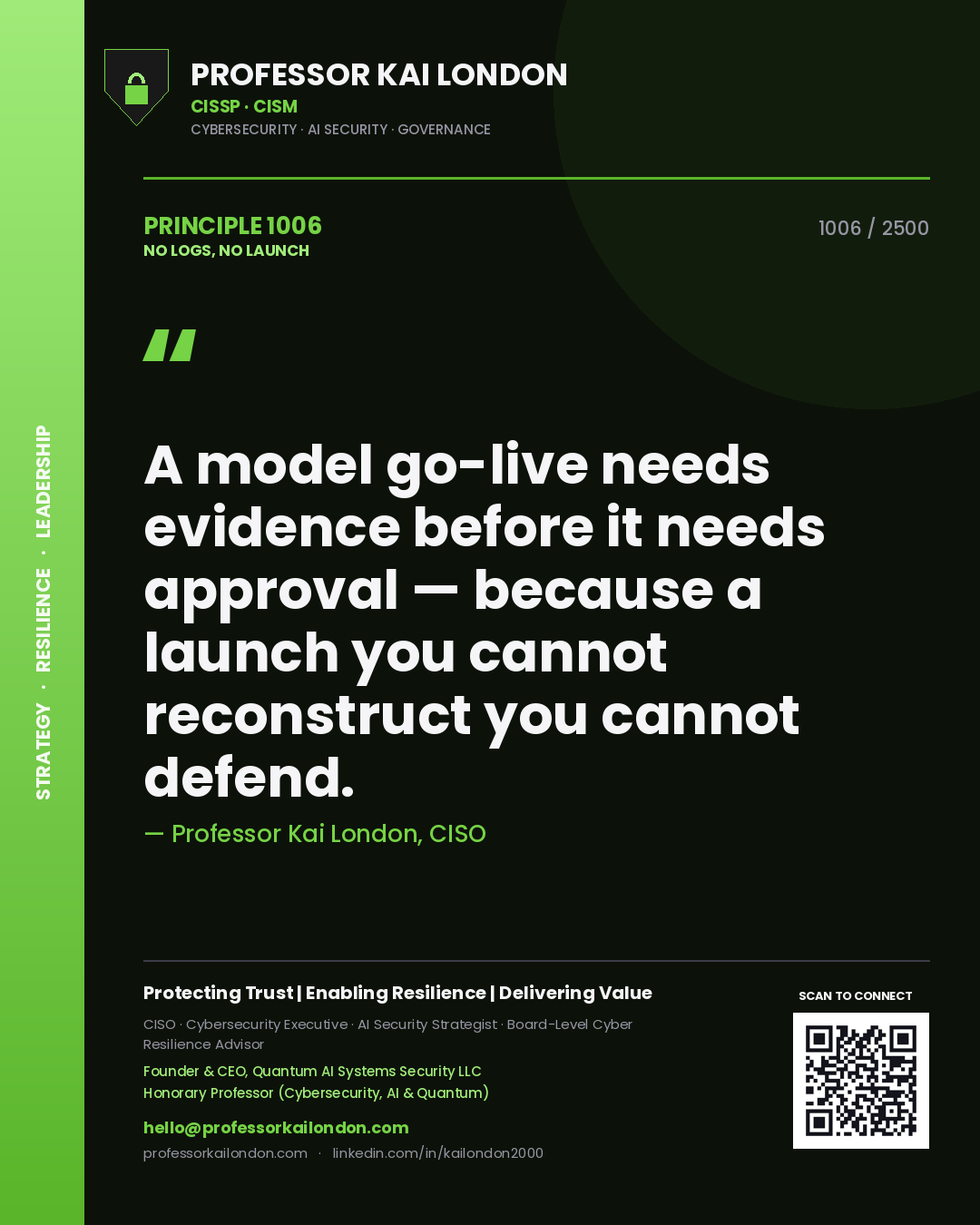 Professor Kai London principle 1006: A model go-live needs evidence before it needs approval — because a launch you cannot reconstruct you cannot defend.