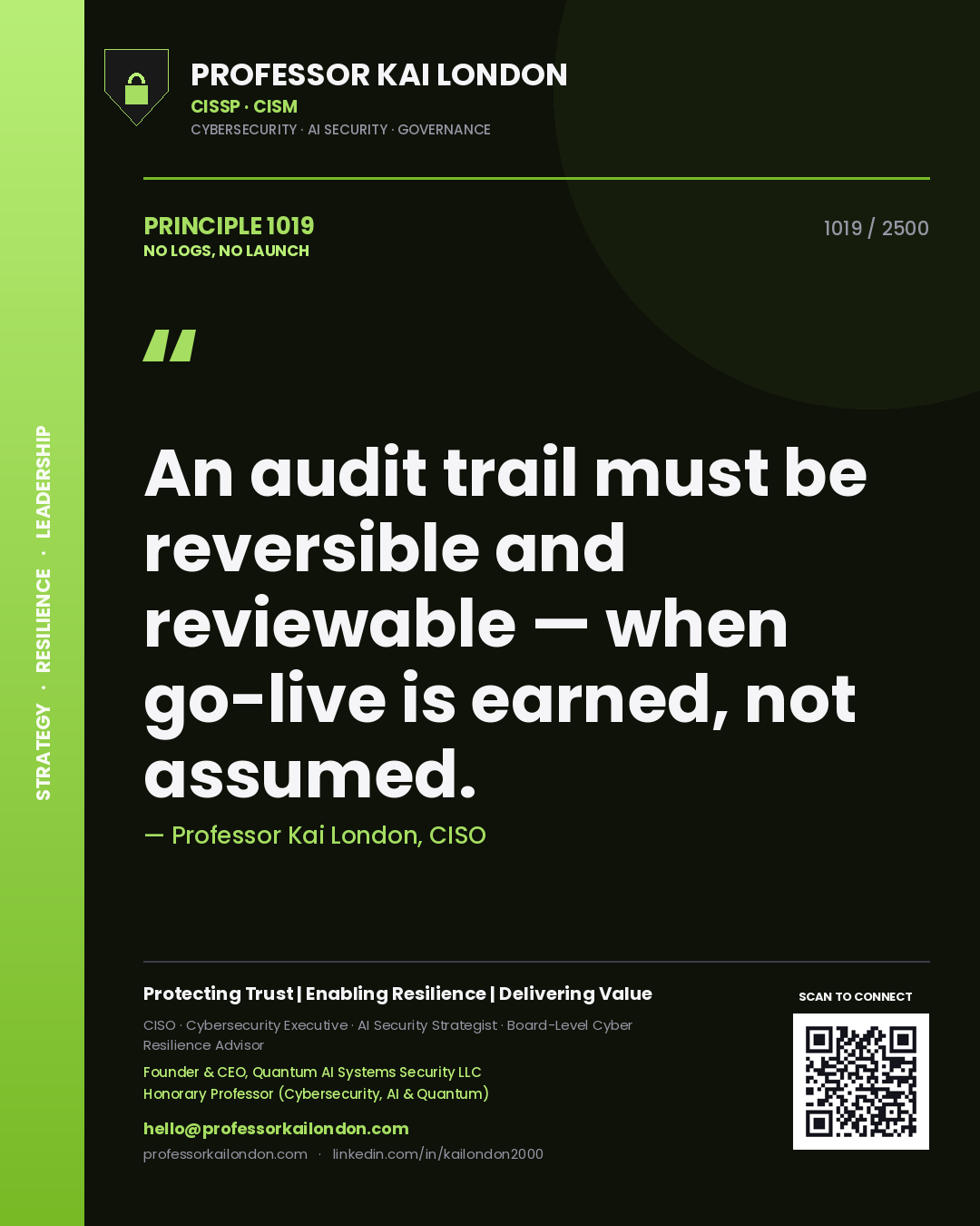 Professor Kai London principle 1019: An audit trail must be reversible and reviewable — when go-live is earned, not assumed.