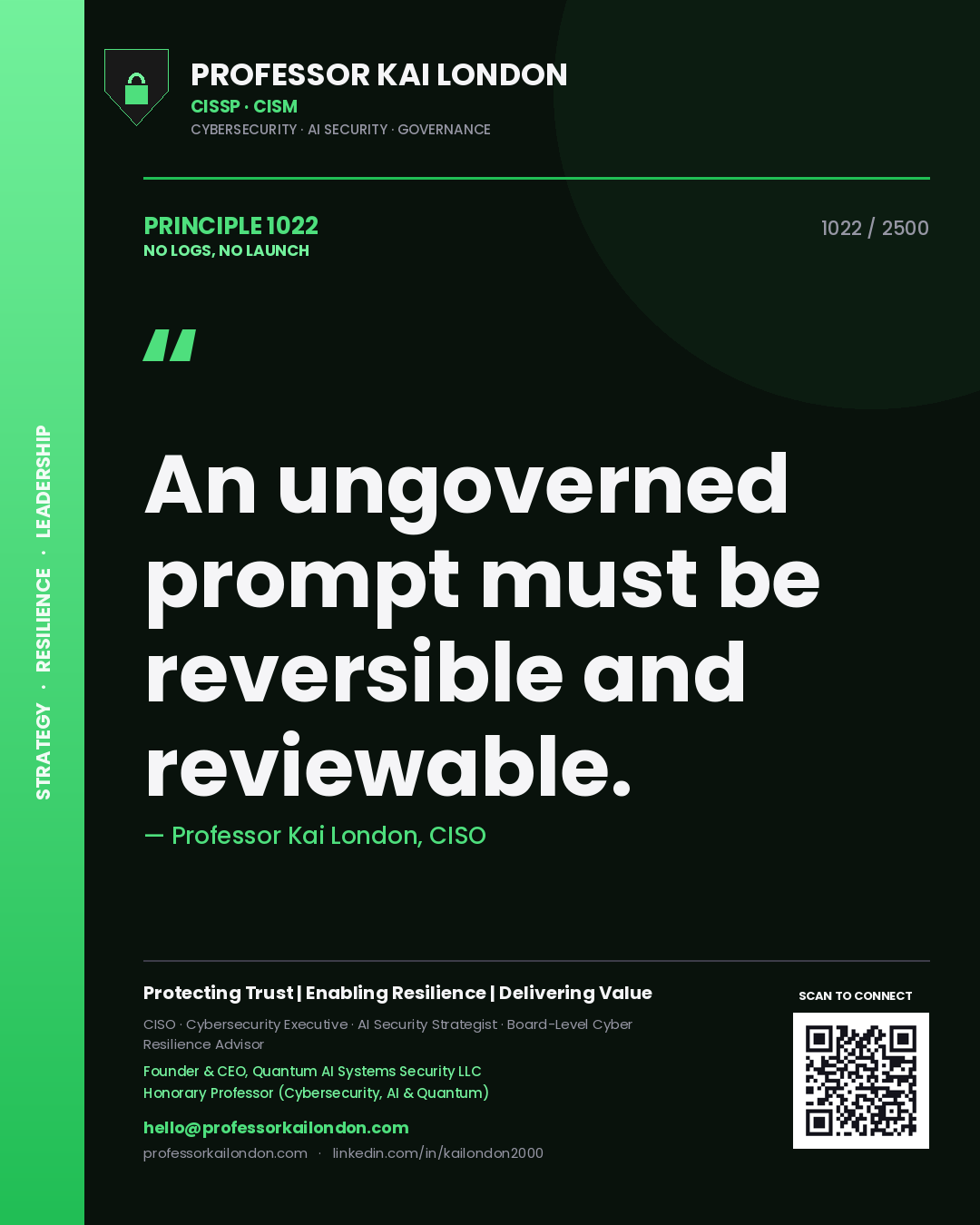 Quote card by Professor Kai London reading 'An ungoverned prompt must be reversible and reviewable.'. From the book No Logs, No Launch.