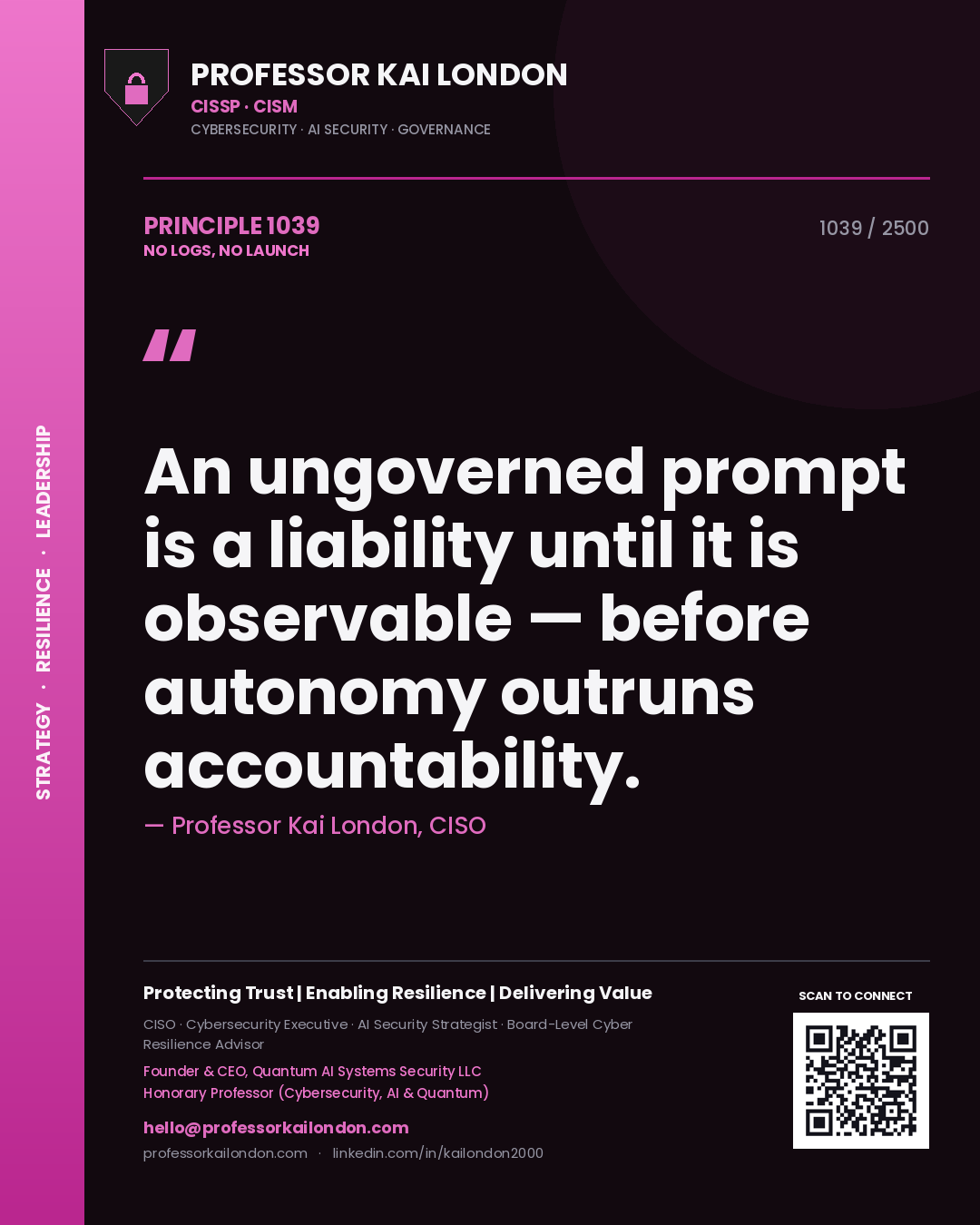 Quote card by Professor Kai London reading 'An ungoverned prompt is a liability until it is observable — before autonomy outruns accountability.'. From the book No Logs, No Launch.