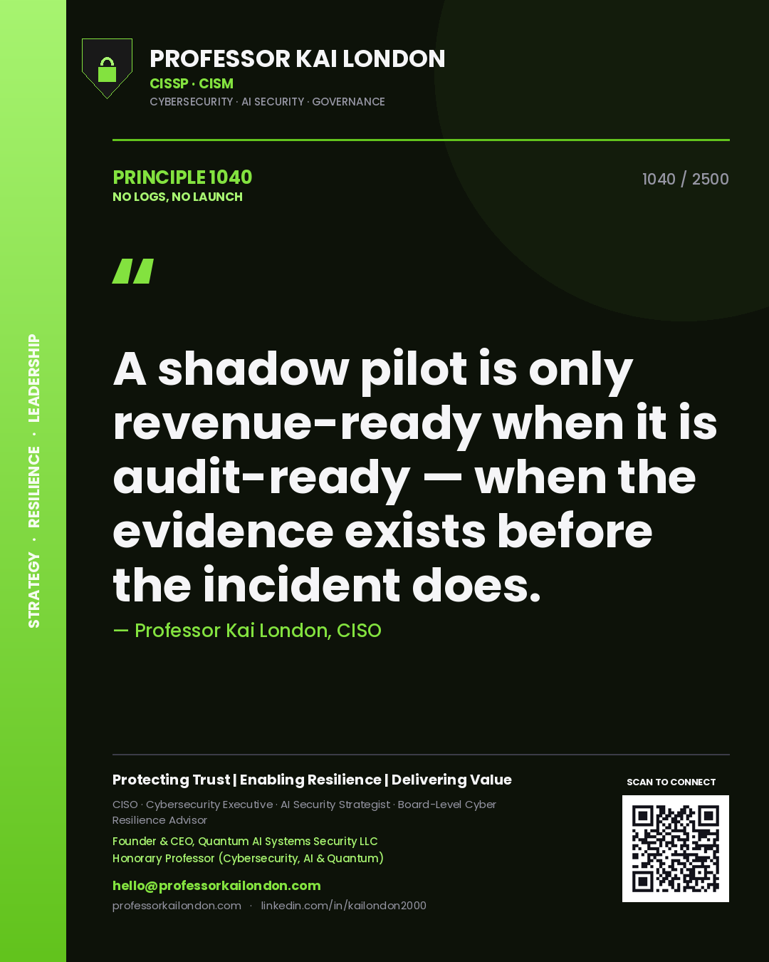 Professor Kai London principle 1040: A shadow pilot is only revenue-ready when it is audit-ready — when the evidence exists before the incident does.