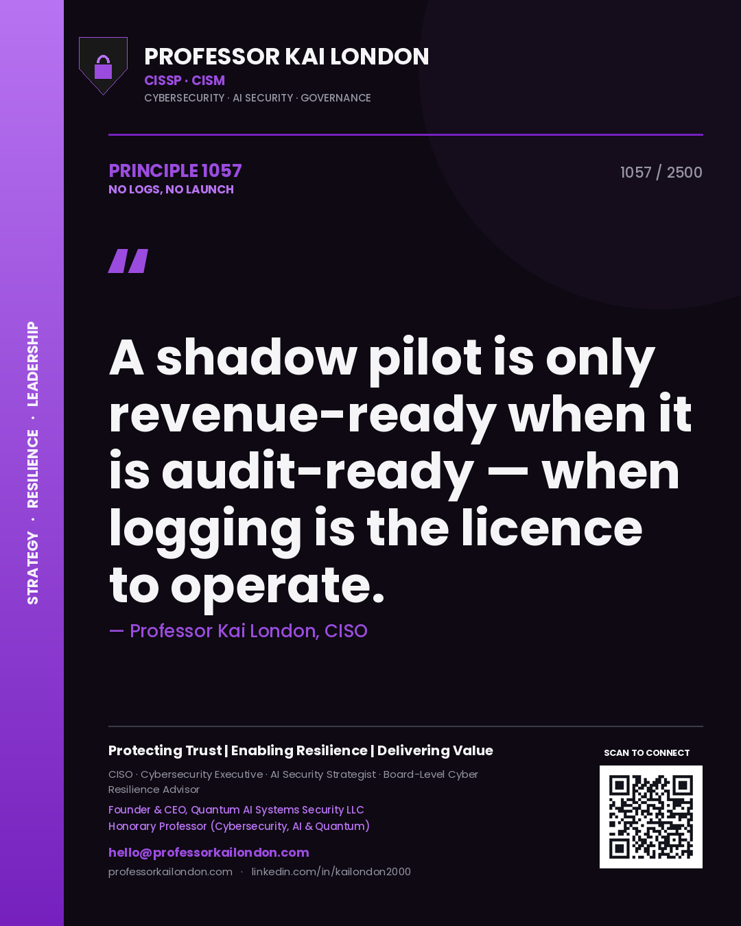 Quote card by Professor Kai London reading 'A shadow pilot is only revenue-ready when it is audit-ready — when logging is the licence to operate.'. From the book No Logs, No Launch.