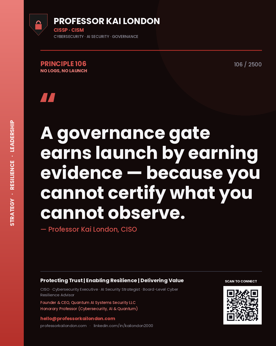 Quote card by Professor Kai London reading 'A governance gate earns launch by earning evidence — because you cannot certify what you cannot observe.'. From the book No Logs, No Launch.