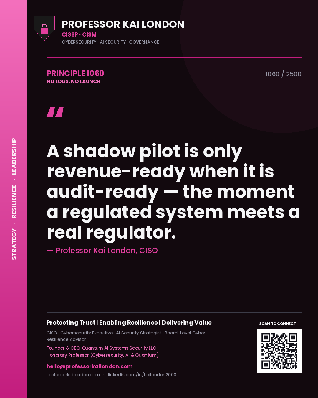 Professor Kai London principle 1060: A shadow pilot is only revenue-ready when it is audit-ready — the moment a regulated system meets a real regulator.