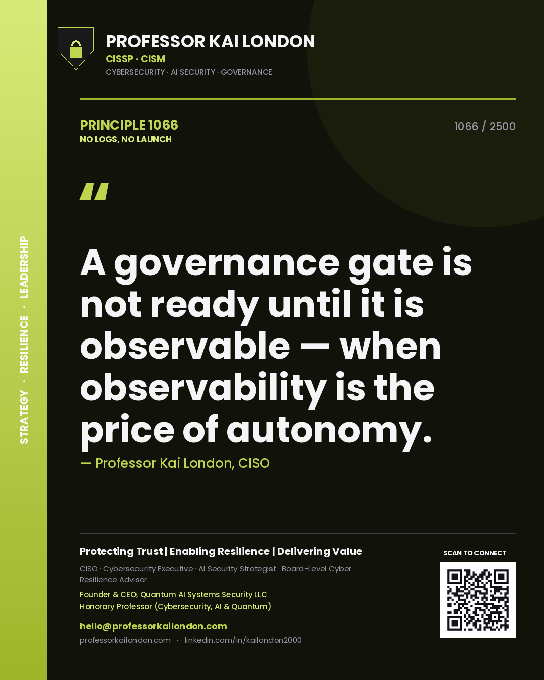 Professor Kai London principle 1066: A governance gate is not ready until it is observable — when observability is the price of autonomy.