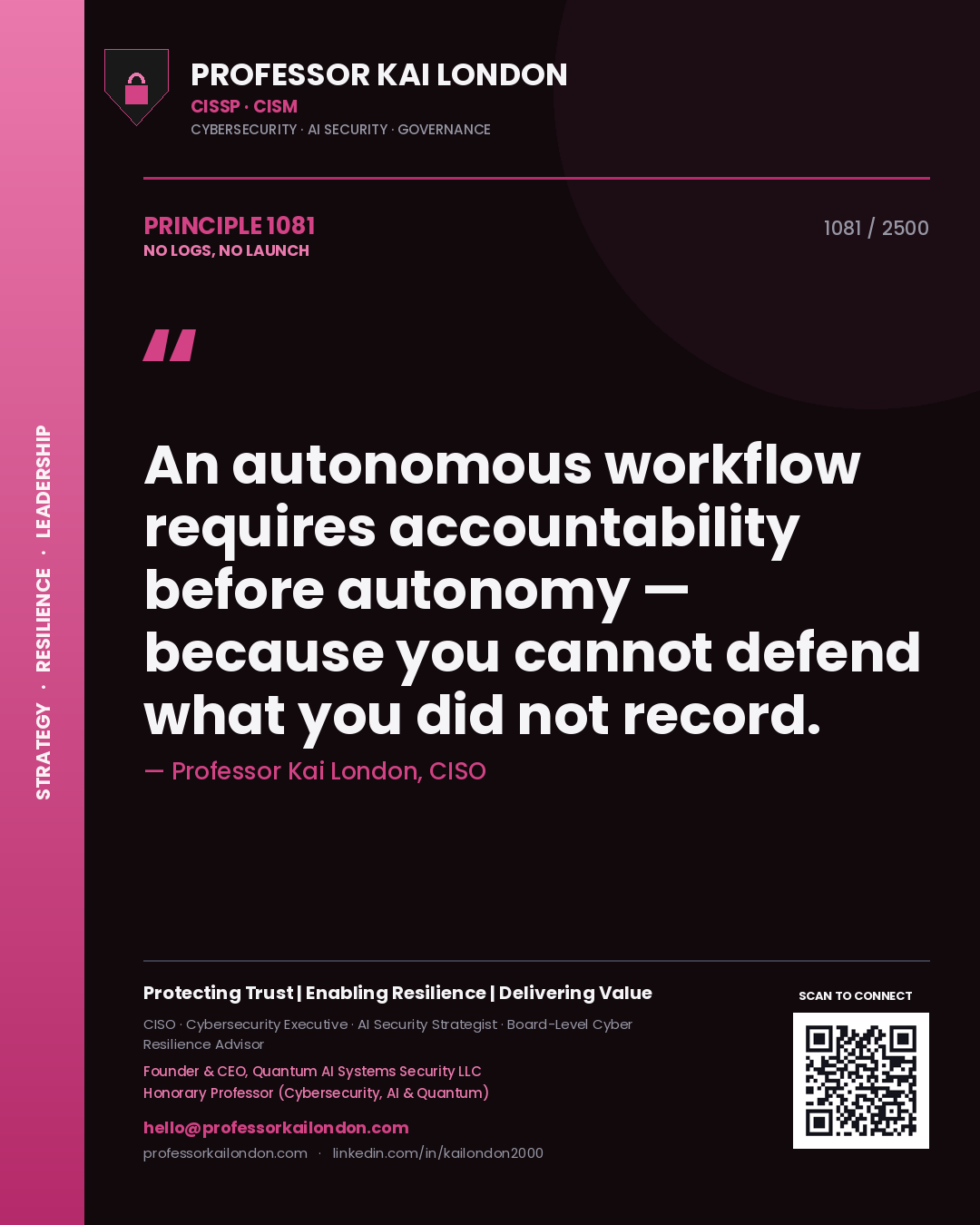 Quote card by Professor Kai London reading 'An autonomous workflow requires accountability before autonomy — because you cannot defend what you did not record.'. From the book No Logs, No Launch.
