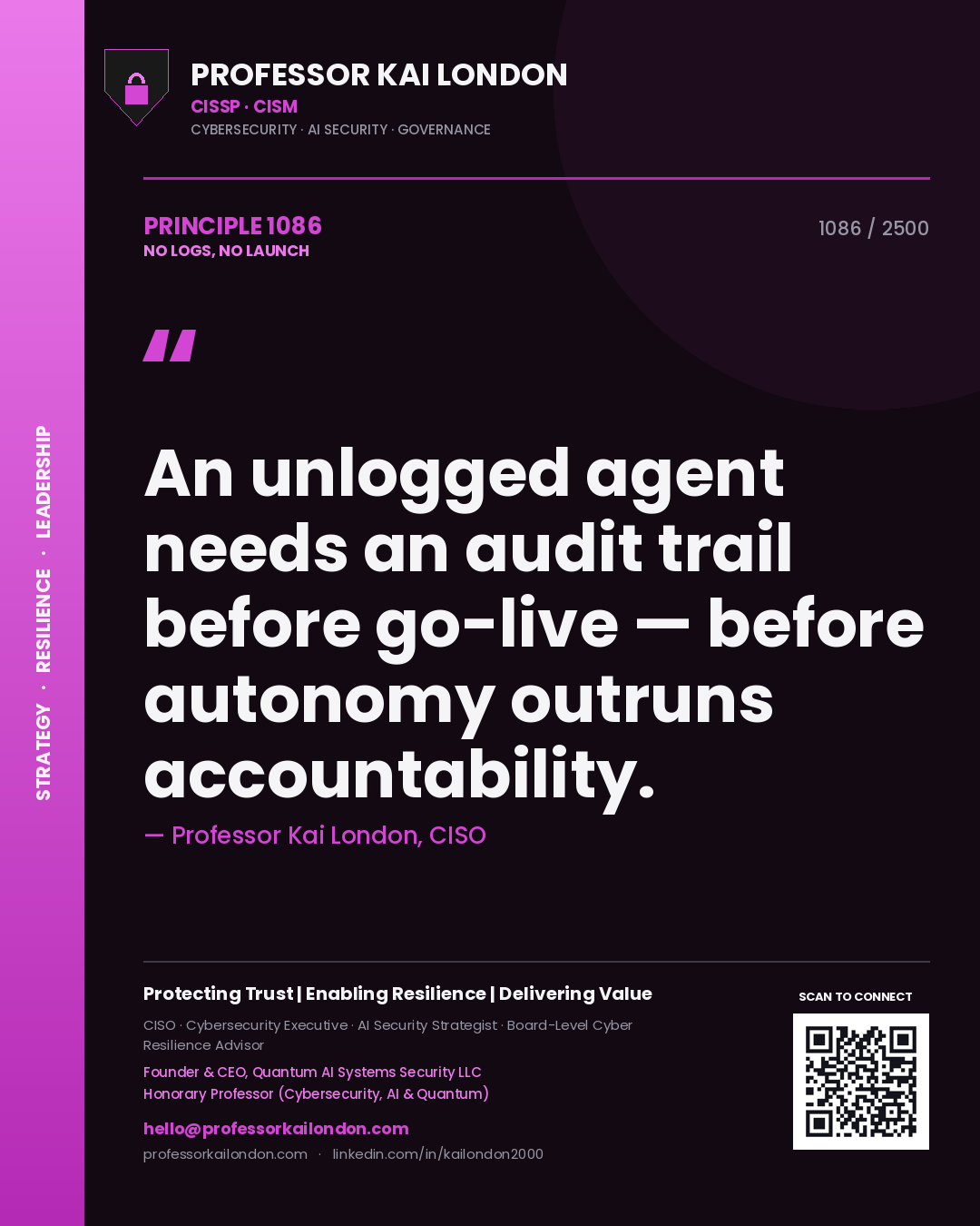 Professor Kai London principle 1086: An unlogged agent needs an audit trail before go-live — before autonomy outruns accountability.