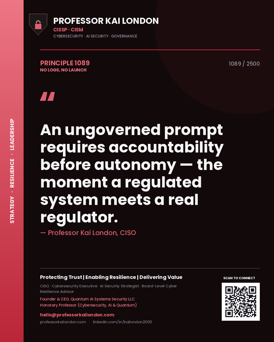 Professor Kai London principle 1089: An ungoverned prompt requires accountability before autonomy — the moment a regulated system meets a real regulator.