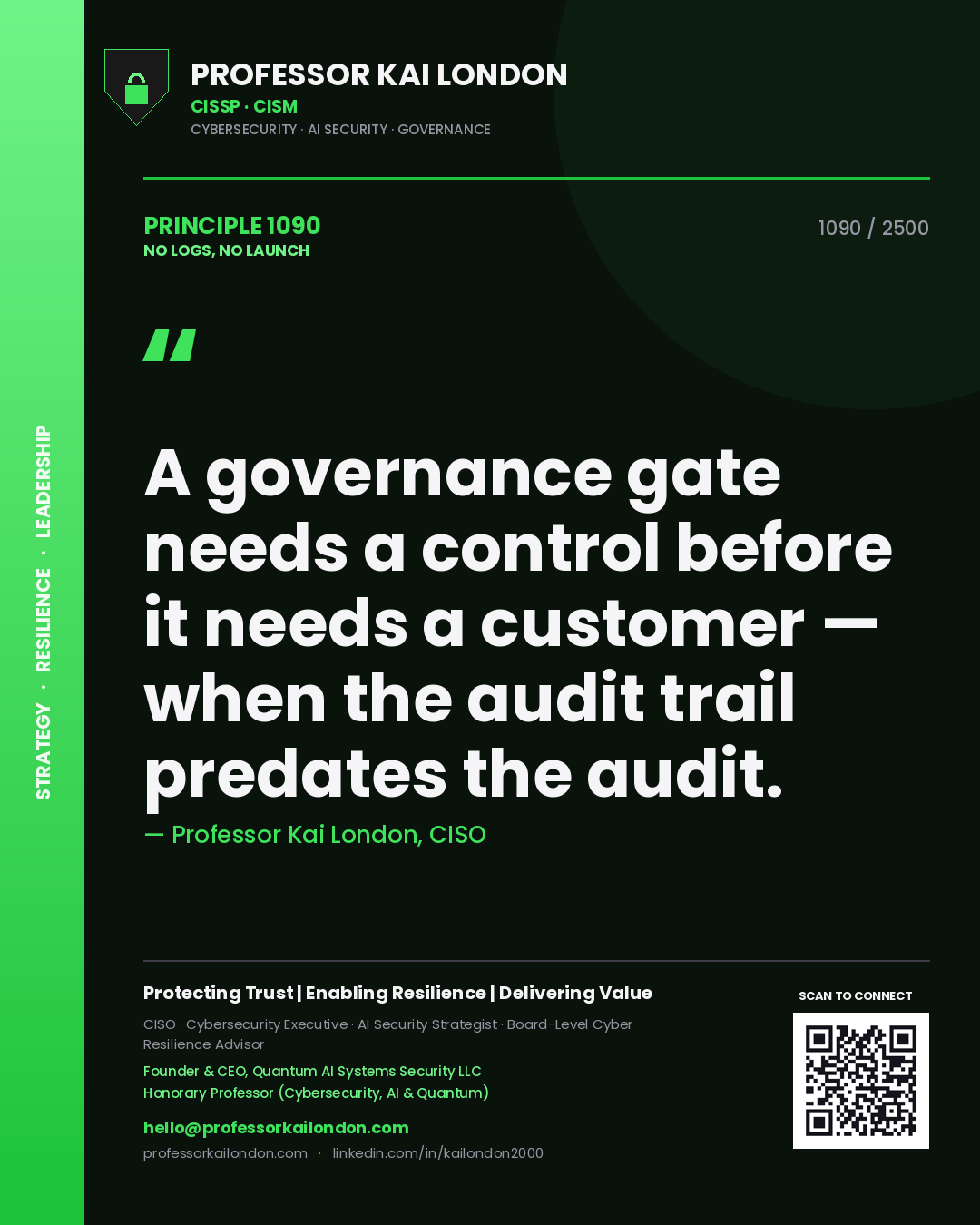 Quote card by Professor Kai London reading 'A governance gate needs a control before it needs a customer — when the audit trail predates the audit.'. From the book No Logs, No Launch.