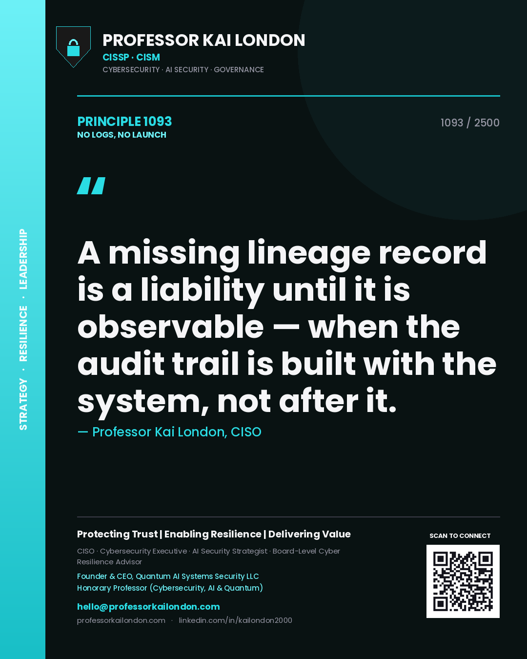 Quote card by Professor Kai London reading 'A missing lineage record is a liability until it is observable — when the audit trail is built with the system, not after it.'. From the book No Logs, No Launch.