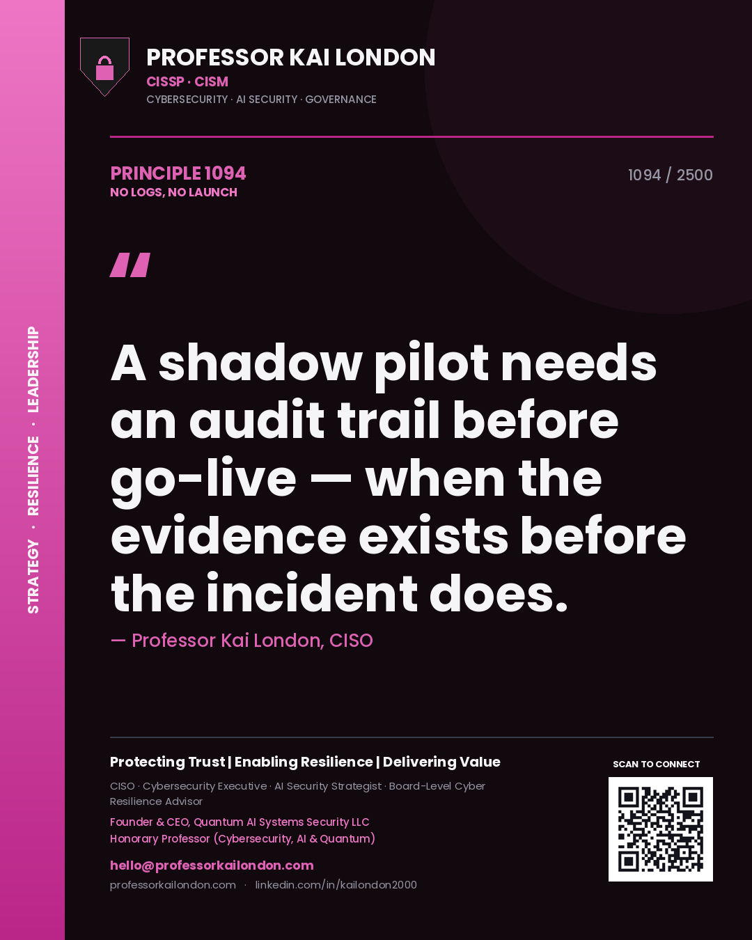 Professor Kai London principle 1094: A shadow pilot needs an audit trail before go-live — when the evidence exists before the incident does.